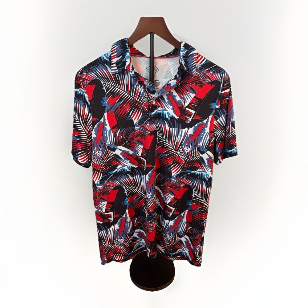 St Johns Bay Golf Polo Shirt Mens Small Red Blue Tropical Stretch